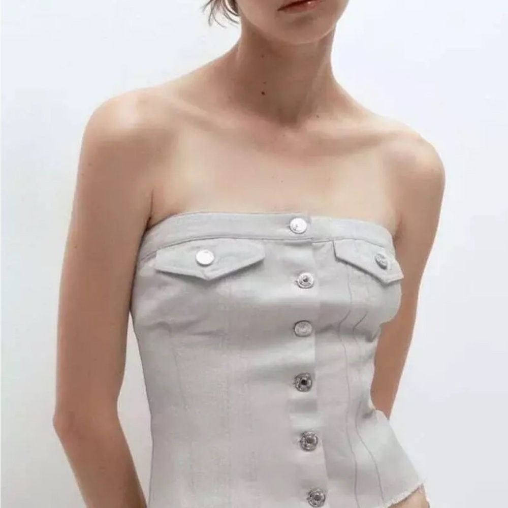Zara NWOT Grey Silver Strapless Denim Button Up Tube Top - Picture 6 of 7